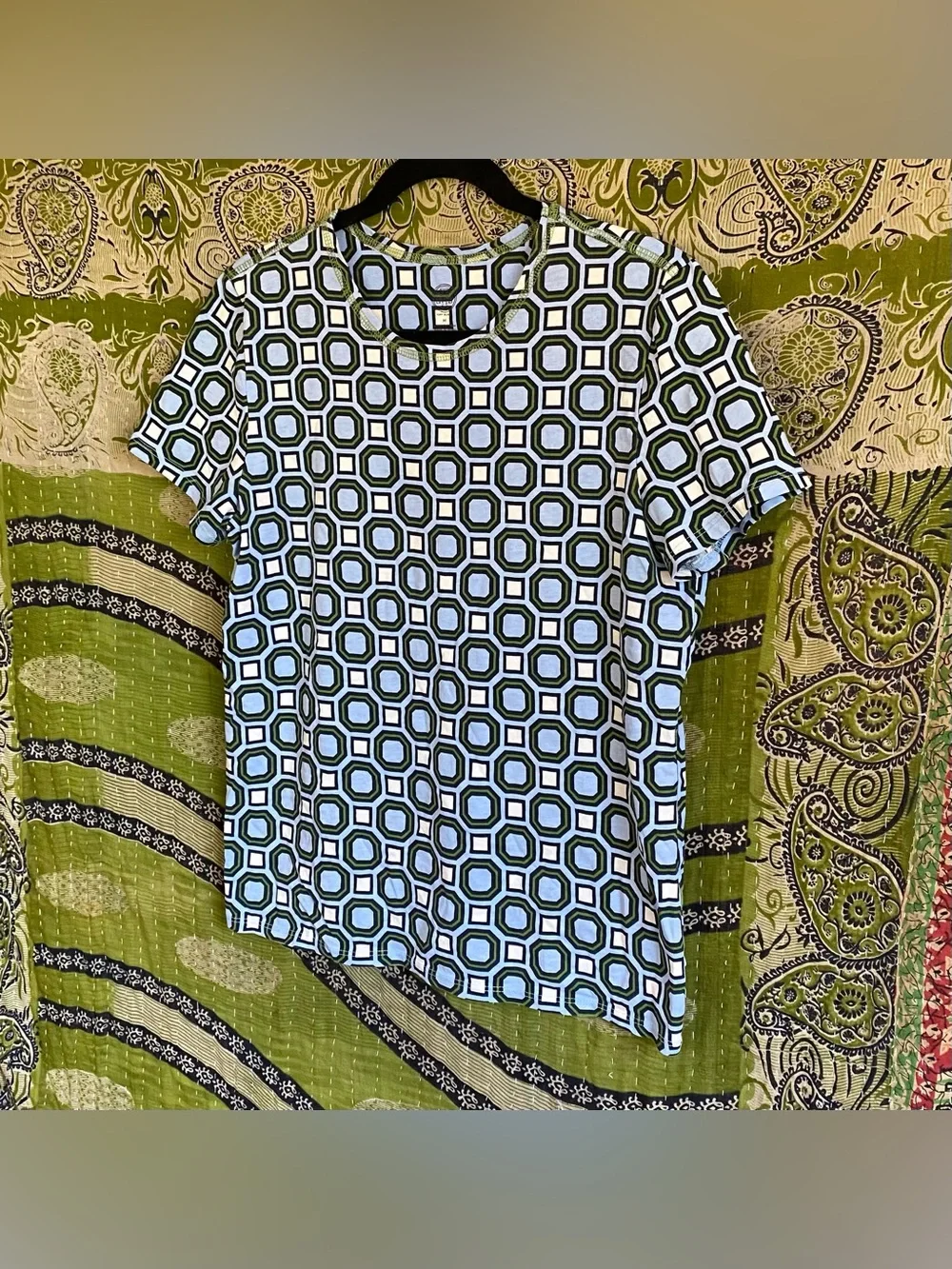 Tory Burch Louis Blue/ White/ Green Geometric Print Cotton T-Shirt Size Medium